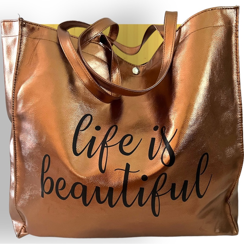 Life is Beautiful Tote Bag | Bronze Brown Gold | 17.5 x 6.5 x 16 inches